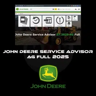 Interface logicielle John Deere Service Advisor 07.2025 AG affichant un tracteur 8R.