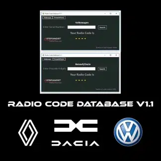 Interface logicielle Radio Code Database v1.1 affichant le menu de sélection par marque.