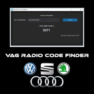 Interface du logiciel VAG Radio Code Finder affichant un code PIN calculé.
