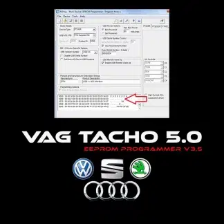 Interface logicielle VAG TACHO 5.0 affichant les options de lecture de l'EEPROM d'un compteur VDO.