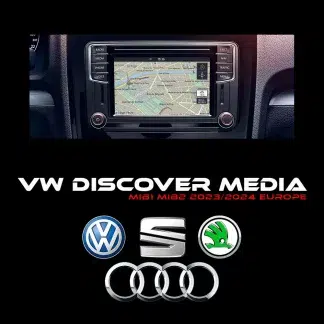 Écran Discover Media MIB2 affichant la nouvelle carte Europe 2023/2024 dans une VW Golf 7.
